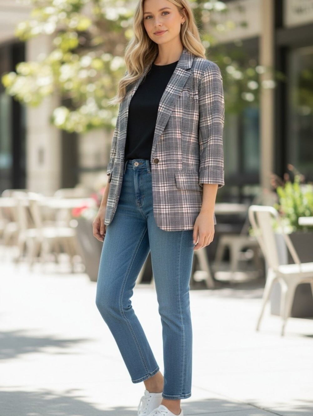 New York & Company Gray Plaid Single-Button Blazer